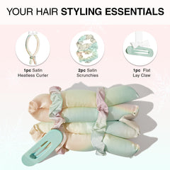 Hello Kitty x Kitsch XL Satin Heatless Curling Set- Heatless Hair Curler To Sleep In for Frizz-Free & Soft Curls, Comes with Bow Shape Design Hair Claw and Satin Scrunchies, Gifts for Women, 4pc Set