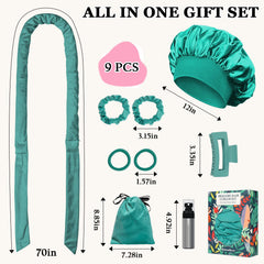 No Heat Overnight Curl Headband, 70" Soft Ribbon Wrap for Long Hair, 9 PCS Hair Curling Rods Set - Blue Green