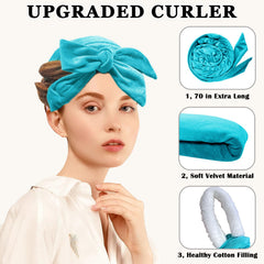 No Heat Overnight Curl Headband, 70" Soft Ribbon Wrap for Long Hair, 9 PCS Hair Curling Rods Set - Blue Green