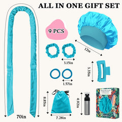 No Heat Overnight Curl Headband, 70" Soft Ribbon Wrap for Long Hair, 9 PCS Hair Curling Rods Set - Blue Green