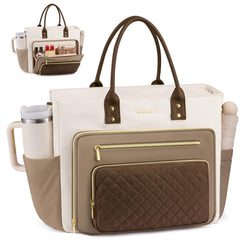 LOVEVOOK Teacher Tote Bag for Women Work, Laptop Bag With Large Cup Holder, Nurse Bags Professional Briefcase Business Computer Purses Bible Handbag Gifts, Black-Beige-Brown, 15.6 Inch