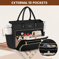 LOVEVOOK Teacher Tote Bag for Women Work, Laptop Bag With Large Cup Holder, Nurse Bags Professional Briefcase Business Computer Purses Bible Handbag Gifts, Black-Beige-Brown, 15.6 Inch