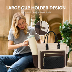 LOVEVOOK Teacher Tote Bag for Women Work, Laptop Bag With Large Cup Holder, Nurse Bags Professional Briefcase Business Computer Purses Bible Handbag Gifts, Black-Beige-Brown, 15.6 Inch