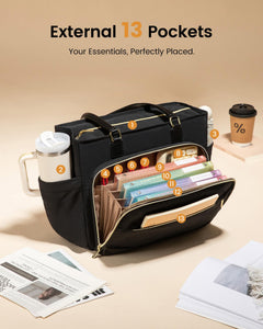LOVEVOOK Teacher Tote Bag, Laptop Bag for Women with Large Cup Holder & Accordion File Area, Work Tote Bag for Business