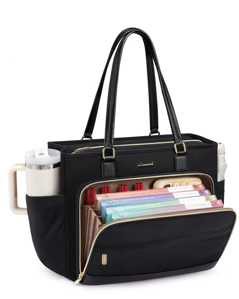 LOVEVOOK Teacher Tote Bag, Laptop Bag for Women with Large Cup Holder & Accordion File Area, Work Tote Bag for Business