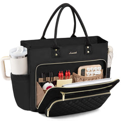 LOVEVOOK Teacher Tote Bag for Women Work, Laptop Bag With Large Cup Holder, Nurse Bags Professional Briefcase Business Computer Purses Bible Handbag Gifts, Black-Beige-Brown, 15.6 Inch