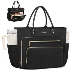 LOVEVOOK Teacher Tote Bag for Women Work, Laptop Bag With Large Cup Holder, Nurse Bags Professional Briefcase Business Computer Purses Bible Handbag Gifts, Black-Beige-Brown, 15.6 Inch