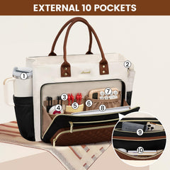 LOVEVOOK Teacher Tote Bag for Women Work, Laptop Bag With Large Cup Holder, Nurse Bags Professional Briefcase Business Computer Purses Bible Handbag Gifts, Black-Beige-Brown, 15.6 Inch