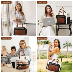 LOVEVOOK Teacher Tote Bag for Women Work, Laptop Bag With Large Cup Holder, Nurse Bags Professional Briefcase Business Computer Purses Bible Handbag Gifts, Black-Beige-Brown, 15.6 Inch