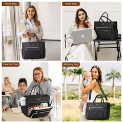 LOVEVOOK Teacher Tote Bag for Women Work, Laptop Bag With Large Cup Holder, Nurse Bags Professional Briefcase Business Computer Purses Bible Handbag Gifts, Black-Beige-Brown, 15.6 Inch