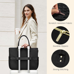LOVEVOOK Teacher Tote Bag for Women Work, Laptop Bag With Large Cup Holder, Nurse Bags Professional Briefcase Business Computer Purses Bible Handbag Gifts, Black-Beige-Brown, 15.6 Inch
