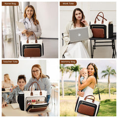LOVEVOOK Teacher Tote Bag for Women Work, Laptop Bag With Large Cup Holder, Nurse Bags Professional Briefcase Business Computer Purses Bible Handbag Gifts, Black-Beige-Brown, 15.6 Inch